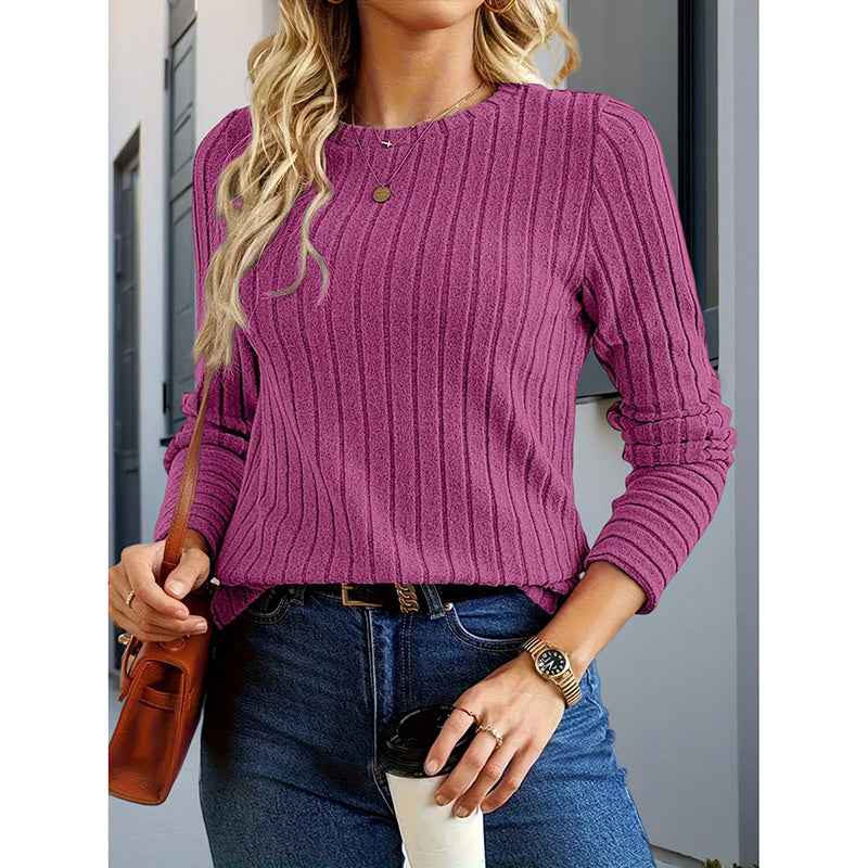 Women's 3 Pack Ribbed Knit Long Sleeve Shirts, Crew Neck Casual Stretch Tees, Basic Comfortable Tops