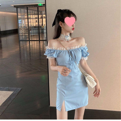 French Minority Blue Dress Women shown front-on on model — Fifi London Summer collection