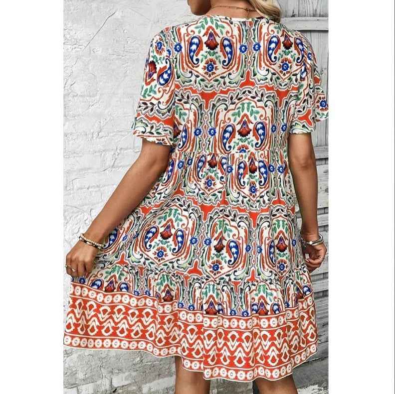 Women Casual Summer Dress Boho Drawstring V Neck Short Sleeve Floral Print Flowy Beach Dress
