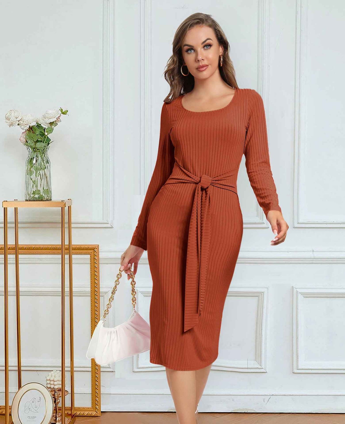 Women's Long Sleeve Tie Split Pit Stripe Midi Dresses - FIFI LONDON