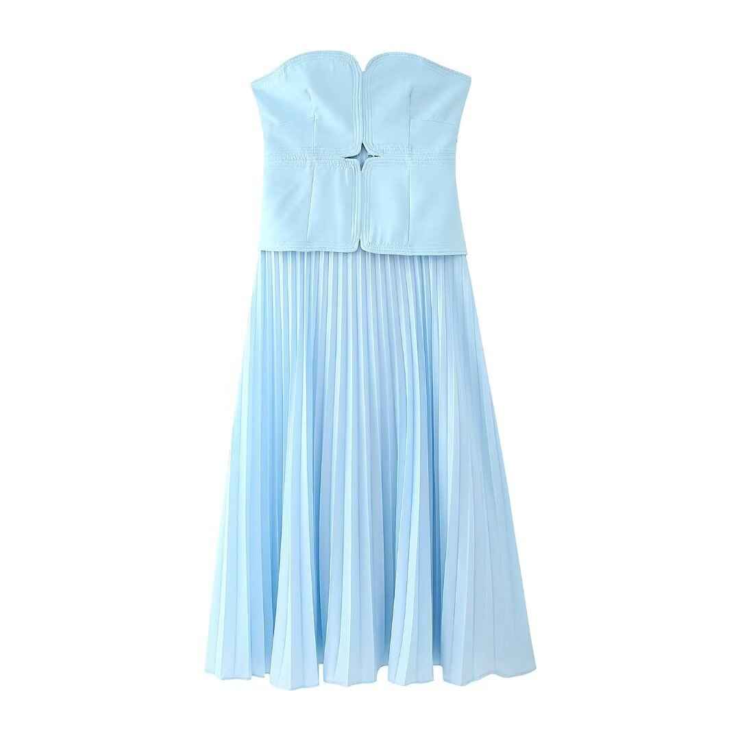 Sweet Girlish Tube Top Suspender Skirt Hollow Design Sexy Pleated Skirt shown front-on on model — Fifi London Summer collection