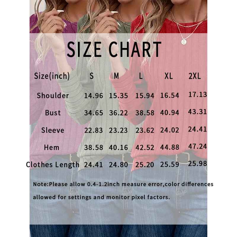 Women's 3 Pack Ribbed Knit Long Sleeve Shirts, Crew Neck Casual Stretch Tees, Basic Comfortable Tops