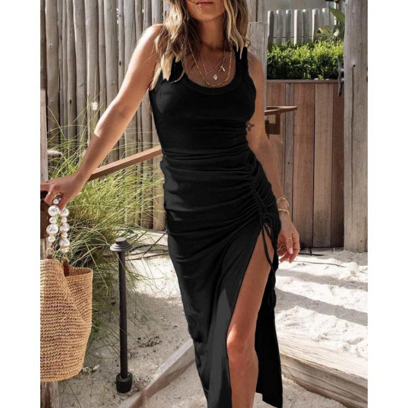 Fashion Waist-Controlled Slimming Sexy Split Vest Dress shown front-on on model — Fifi London Summer collection