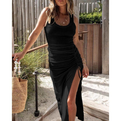Fashion Waist-Controlled Slimming Sexy Split Vest Dress shown front-on on model — Fifi London Summer collection