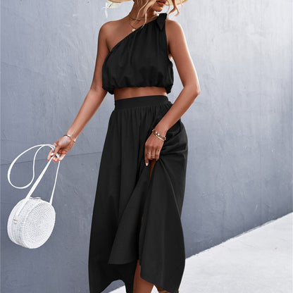 Sexy Oblique Shoulder Lace-Up Vest Slit Midi Skirt Suit shown front-on on model — Fifi London Summer collection