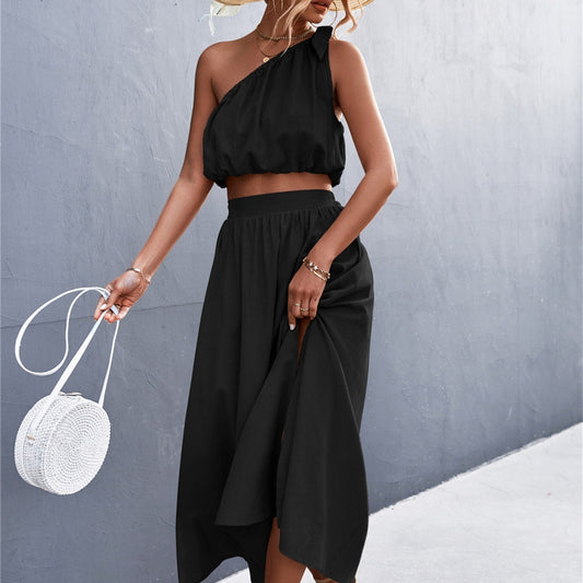 Sexy Oblique Shoulder Lace-Up Vest Slit Midi Skirt Suit shown front-on on model — Fifi London Summer collection
