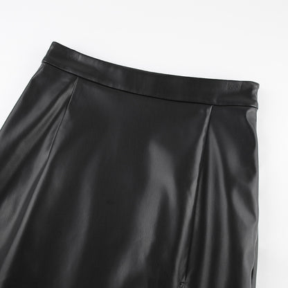 Slit Leather Sexy Mid-Length Skirt High Waist Skirt shown front-on on model — Fifi London Autumn collection