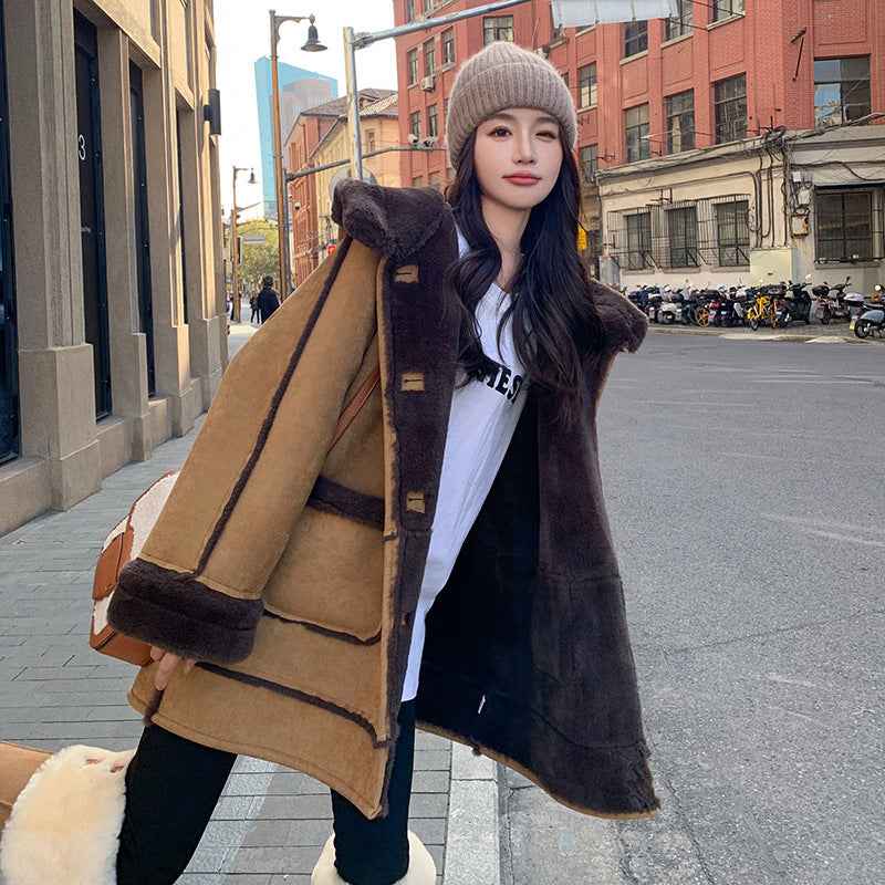Women’s Faux Fur Winter Coat shown front-on on model — Fifi London Winter collection