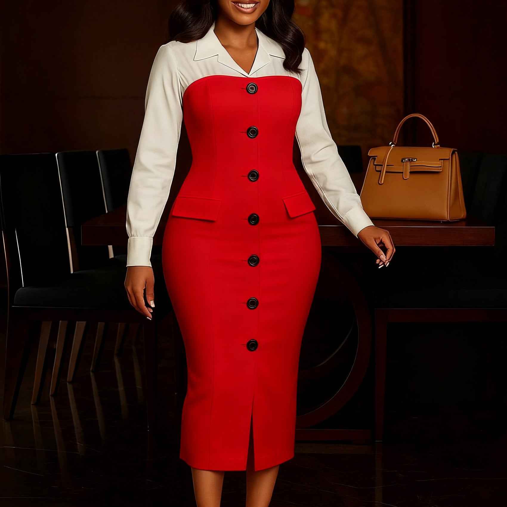 Long Sleeve Suit Collar Stitching Hip Dress