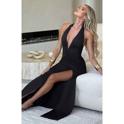 Socialite Style Hot Girl V-Neck Halter Sexy Slit Pleated Dress shown front-on on model — Fifi London Summer collection