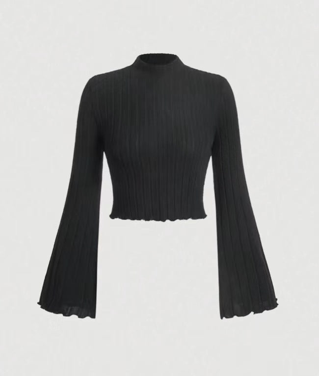Printed Sexy Lace Thick Long-Sleeved T-Shirt Knitted Sweater shown front-on on model — Fifi London Autumn collection
