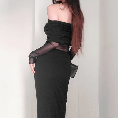 Women’s Winter Sexy Off-the-Shoulder Pleated Long Sleeve Polyester Dress shown front-on on model — Fifi London Winter collection