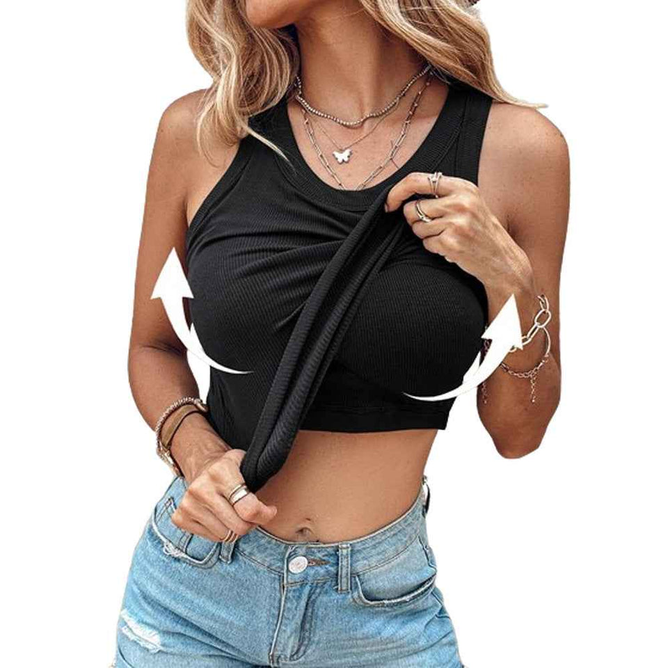 Round Neck Vest With Bra Summer Solid Color Bottom Sleeveless Top Womens Clothing - FIFI LONDON