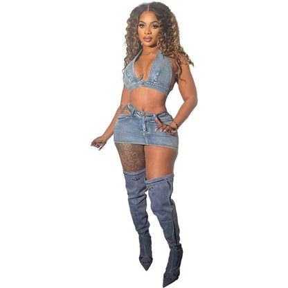 Washed Elastic Denim Casual Sexy Skirt Suit shown front-on on model — Fifi London Summer collection