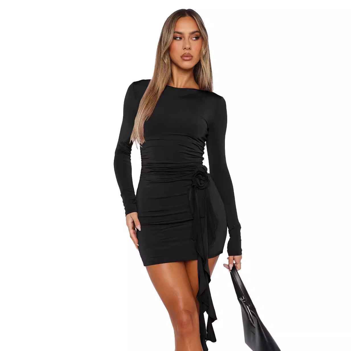 European and American Style New Solid Colour Long Sleeve Dress shown front-on on model — Fifi London Spring collection