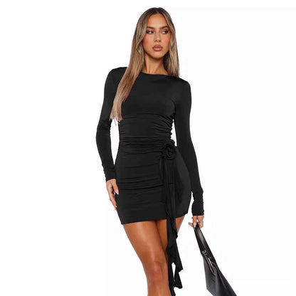 European and American Style New Solid Colour Long Sleeve Dress shown front-on on model — Fifi London Spring collection