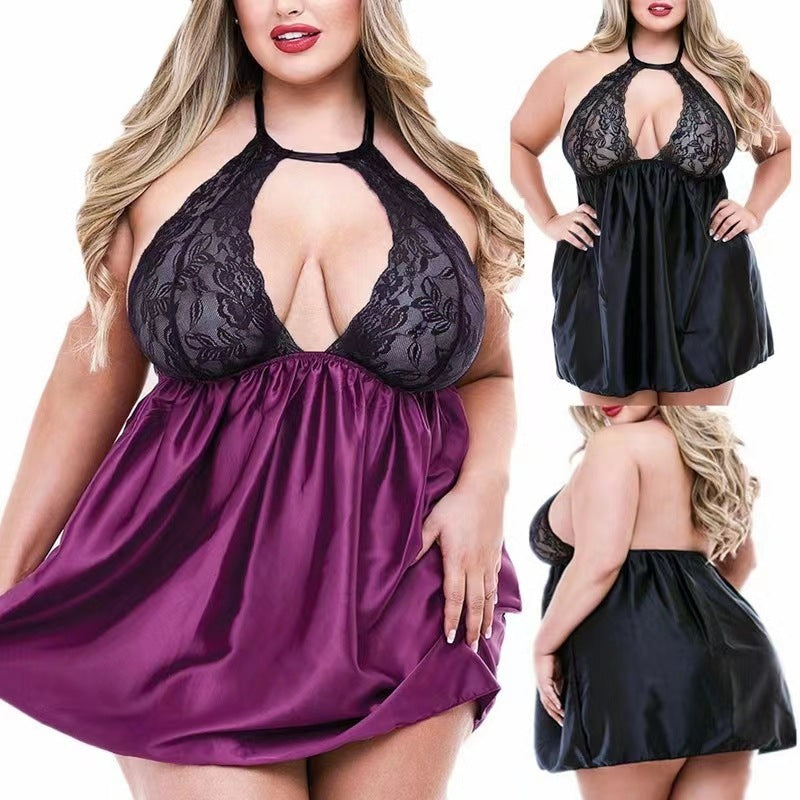 Plump Lingerie Sexy Lace Nightgown Sheer Cutout Home Pajamas shown front-on on model — Fifi London Spring collection