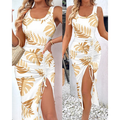 Fashion Waist-Controlled Slimming Sexy Split Vest Dress shown front-on on model — Fifi London Summer collection
