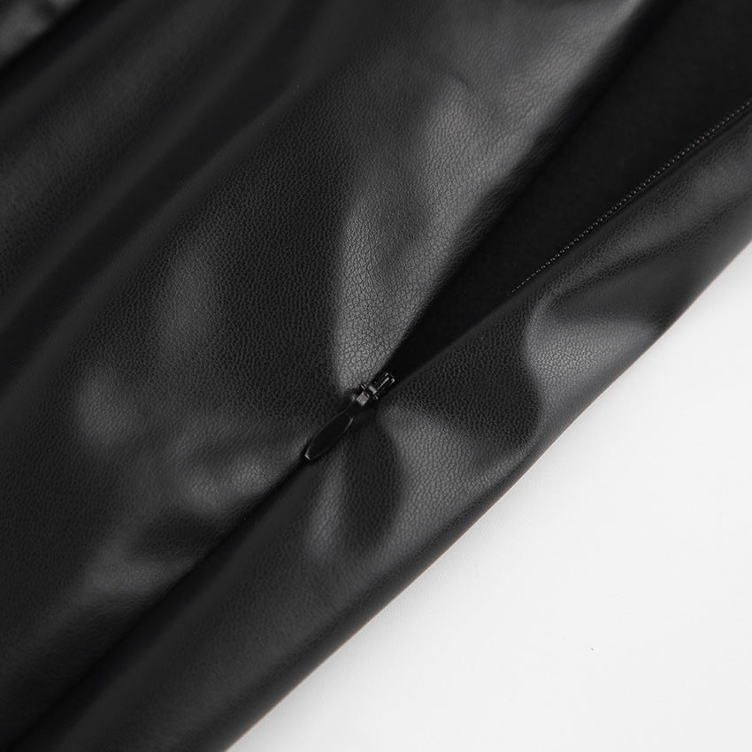 Slit Leather Sexy Mid-Length Skirt High Waist Skirt shown front-on on model — Fifi London Autumn collection
