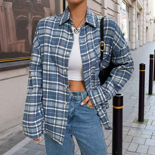 Classic Check Thin Shirt Coat Women’s Loose Casual shown front-on on model — Fifi London Autumn collection 
