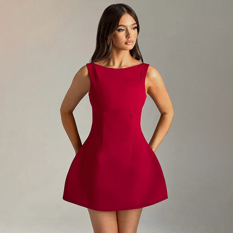 Sexy Slim Fitting Backless Dress Summer Sleeveless Short Dresses shown front-on on model — Fifi London Summer collection