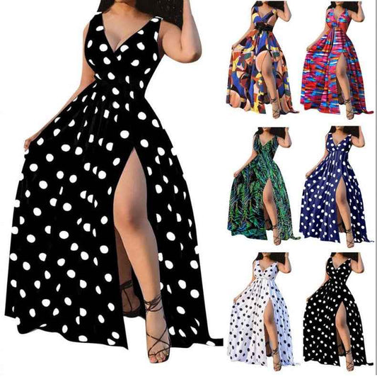 Women's Printed Maxi Party Dress shown front-on on model — deep V-neck, thigh-high slit, black polka dot print — Fifi London