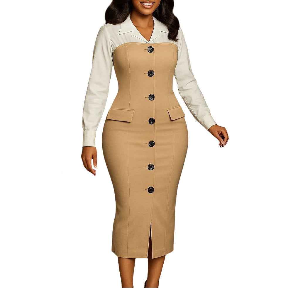 Long Sleeve Suit Collar Stitching Hip Dress
