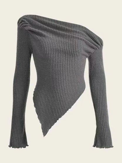 Printed Sexy Lace Thick Long-Sleeved T-Shirt Knitted Sweater shown front-on on model — Fifi London Autumn collection