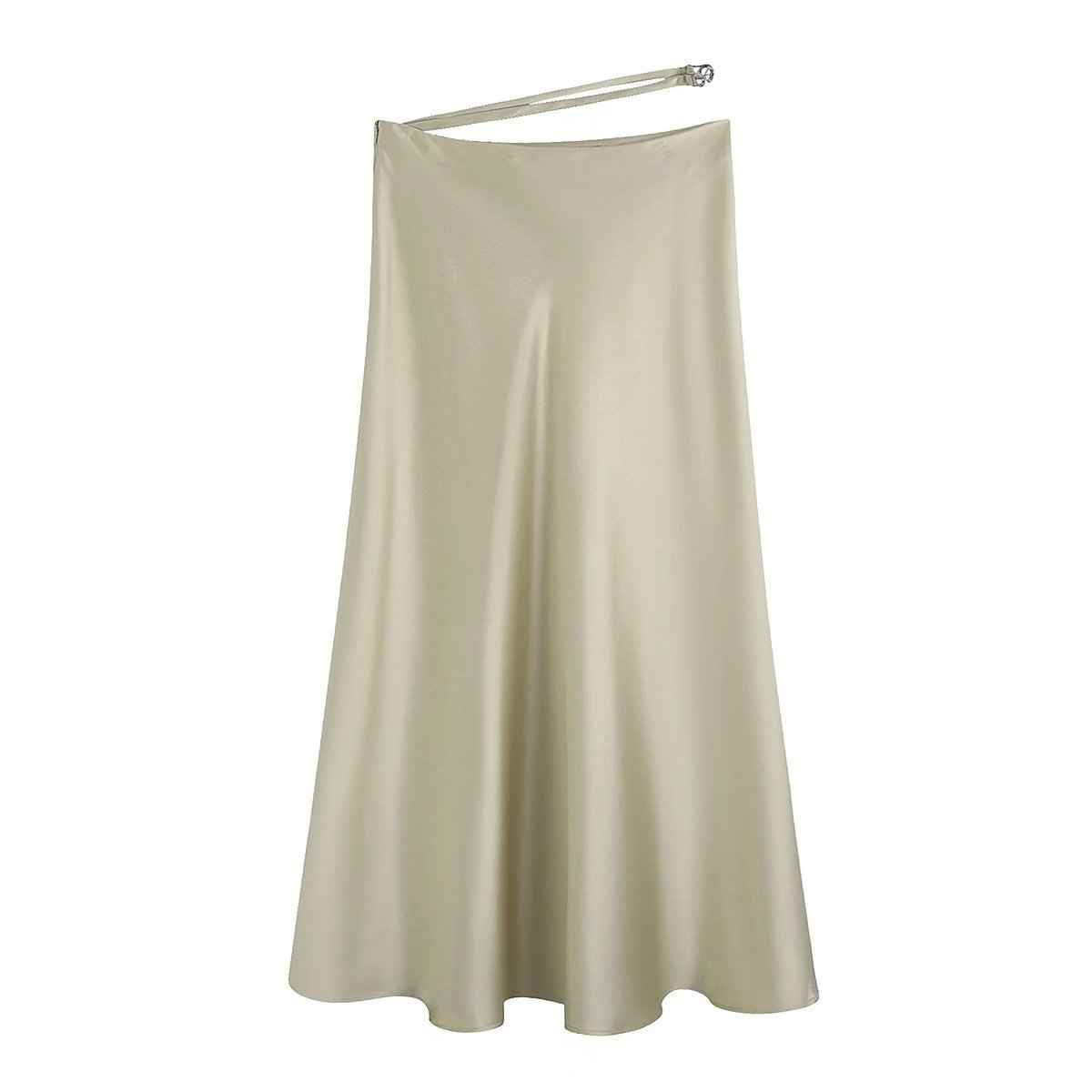 High Waisted Silk Satin Midi Skirt